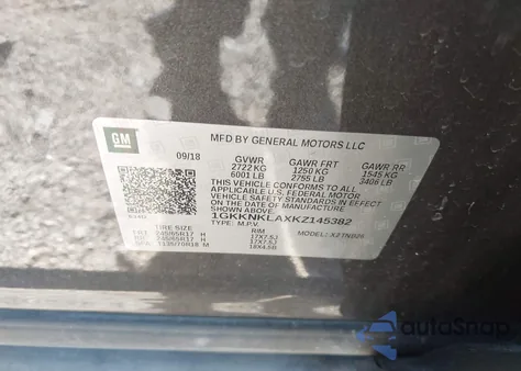 2019 GMC Acadia Sle-1 из США, поврежденный, VIN 1GKKNKLAXKZ145382